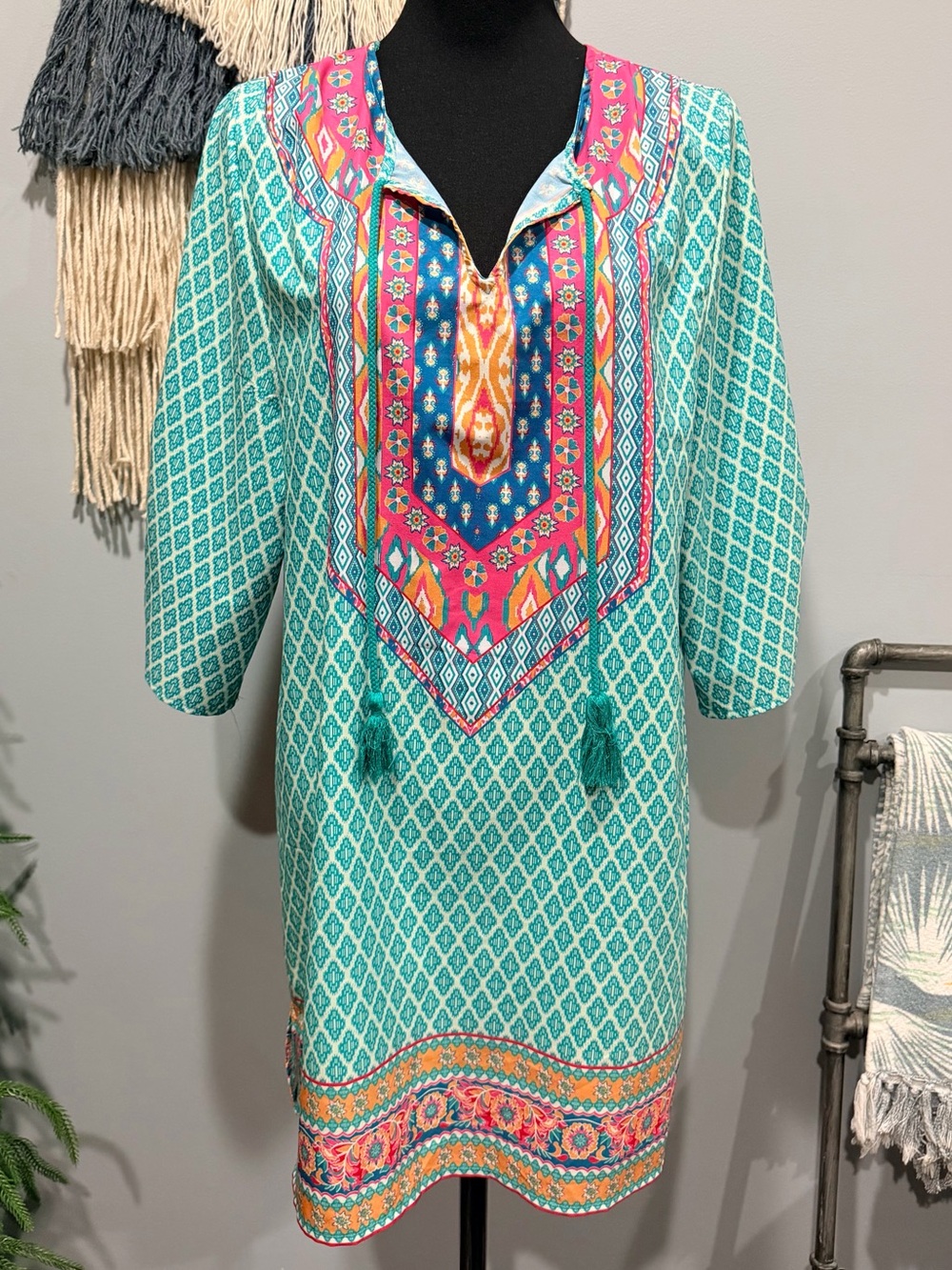 Urban CoCo Boho Tassel Tunic Dress Teal Pink Size L Moroccan Print Cover Up
